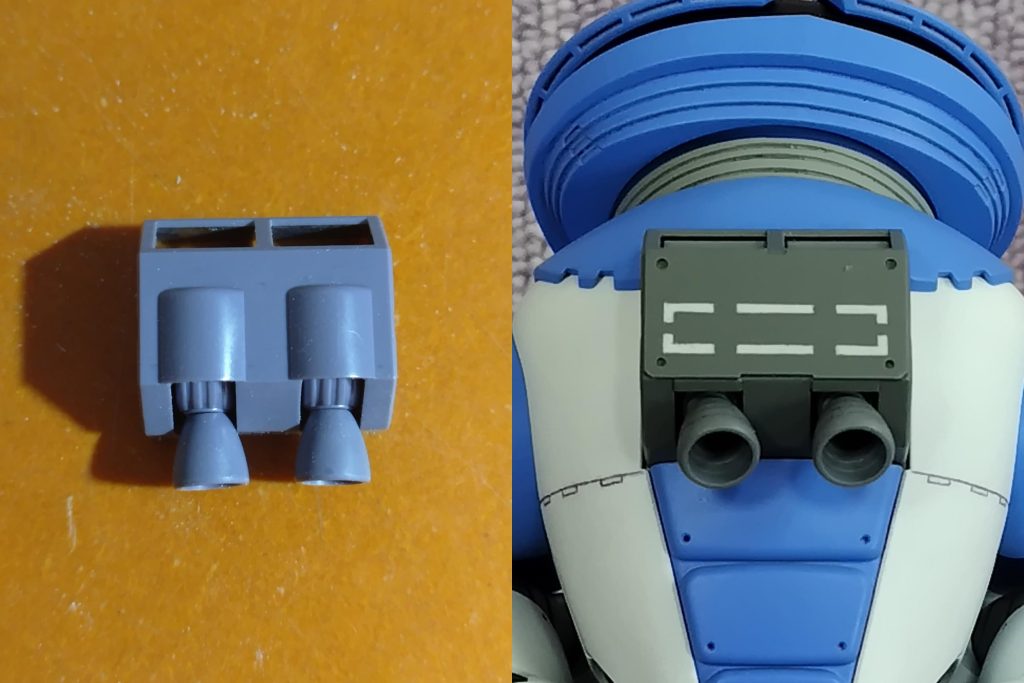 全体的な形状は弄っていませんが、ゲームのアッガイはバックパックが平たいので、左画像にある半円筒の部分を削ってプラ板を貼りました。