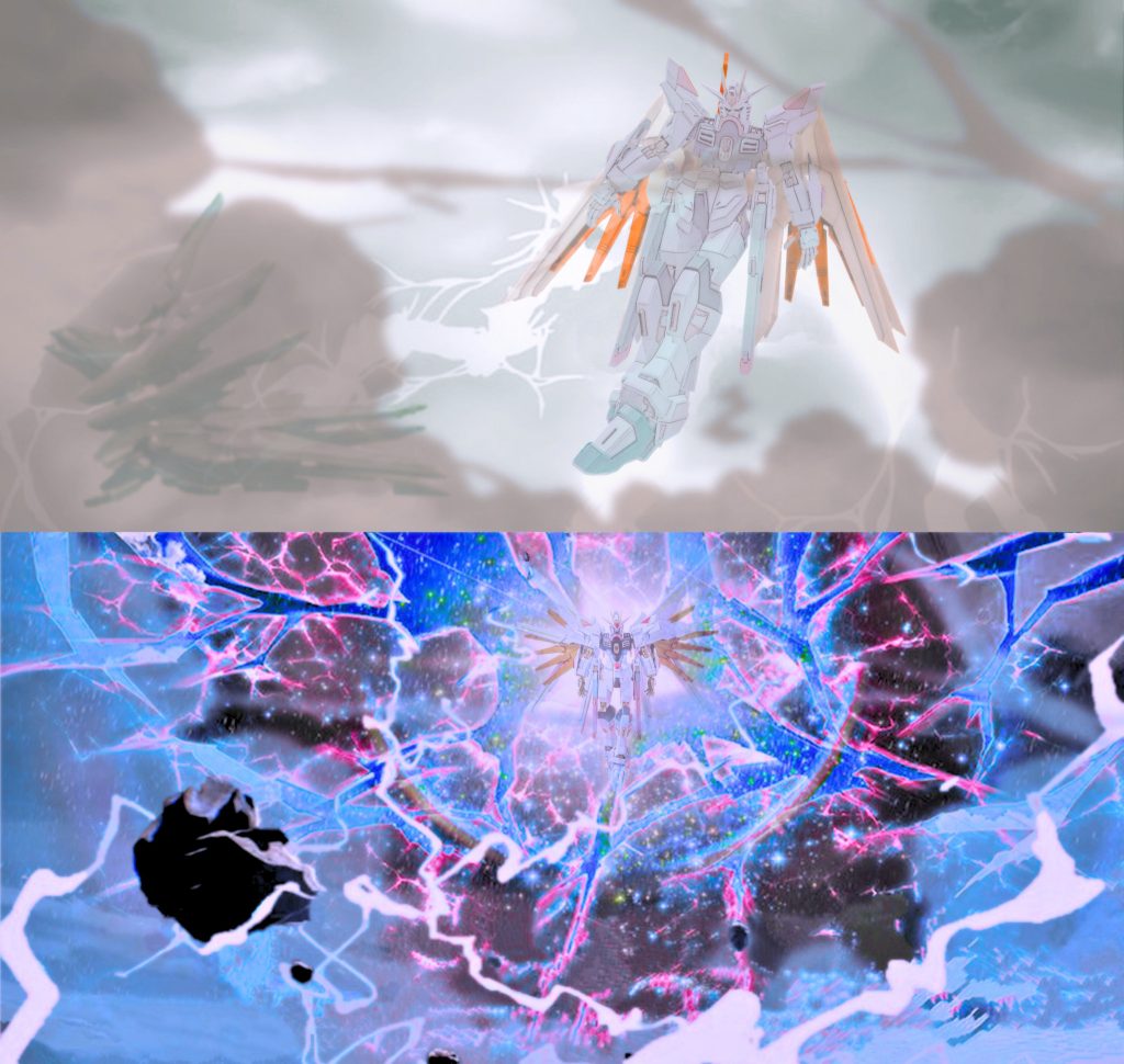 では、ポージングと、それに伴う劇中表現です。上段がプラウドディフェンダーとのドッキングで、下段が、ドッキング（エンゲージ）後の超高電圧の電撃による全方位攻撃です。劇中表現を厳密に再現しているわけではないのですが、雰囲気が伝われば、嬉しく思います。