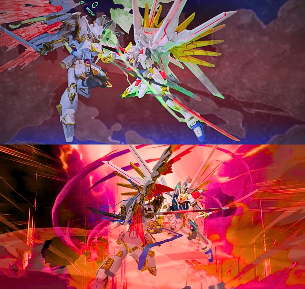 続いて、こちらも私が持っている印象を表現していますが、上段がマイフリとカルラの激戦の中、マイフリがカルラに対して、至近距離からのディスラプターを使用し、カルラ半壊する瞬間です。  下段が、その後の最後の一閃と、その直後に背後でレクイエムが爆炎が上げている印象的なシーンを、私なりに再現しています。  最後に、マイフリの全方位攻撃について、私見ですが、ナノ粒子を散布して、マルチロックオンした対象の絶縁を貫通する雷撃を与え、内部の制御系を電気的に破壊し、戦闘能力を奪う仕組みだと考えます。 私が公開前に予想していたのは、、、ストライクは線（一次元）制圧で、フリーダムは平面（二次元）制圧、ストフリは空間（三次元）制圧だと考えていて、新型フリーダムは次元制圧をすると予想していました。 次元というのは、例えば時間軸に干渉（停止、巻き戻し、早送り、瞬間移動）したり、空間を裂いたりする感じです。 もっと論理飛躍して、『物の存在確率を操作する』という、やや哲学的ですが興味深い攻撃が可能な新型機体を予想していました。 物の存在確率を干渉し、崩壊、消滅させる。おそらく、その攻撃は可視化不可で、もちろん、回避も、一切の防御は無効なんですが、以下にイメージを可視化します。