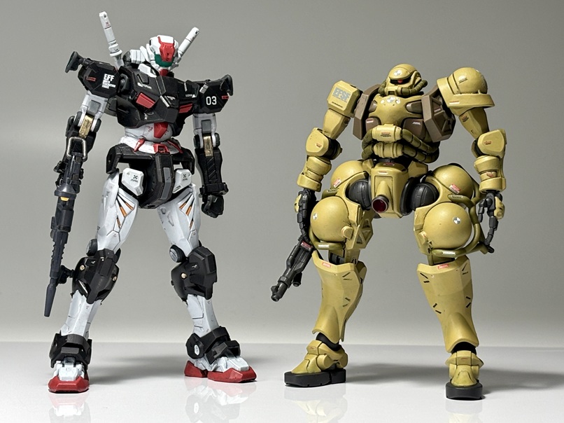 アニメではゼロヒトガンダムと一緒に登場しましたね。ということでゼロヒトガンダム。。。はあえて自作しなかったので、ゼロヒトっぽいオリジナル機・マスプロガンダムとパシャリ。マスプロ・ガンダムhttps://gumpla.jp/hg/24975505