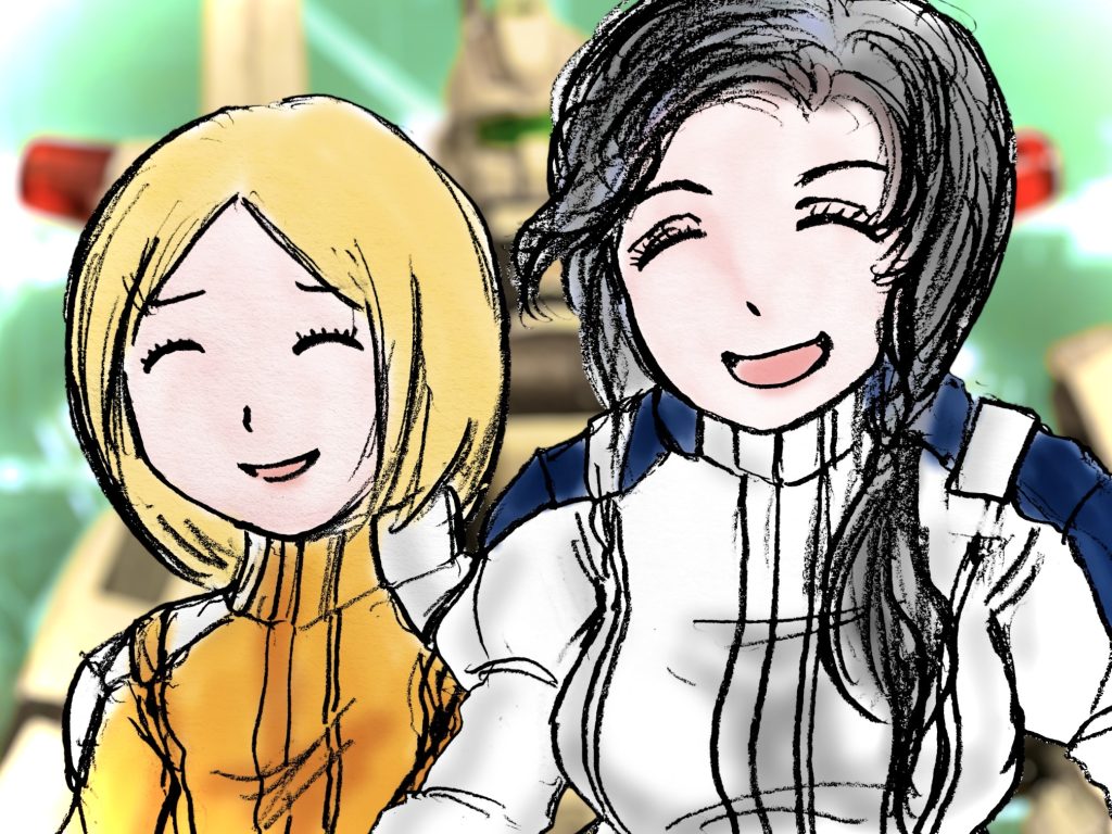 「おアツいところ失礼しまぁ〜す。」　無重力のドック内をふわふわと漂いながら、アンナが緊張感のない声で割って入る。「別の意味で熱くなってる気がしますけど……。」　一緒に流れてきたチタ・ハヤミが、苦笑を浮かべながら言う。「これ、必要ですよね、ヘント中尉。」　チタが持っていた小さな箱をヘントの方に流して寄越した。「約束通り、チーちゃんに渡してたからね、例の