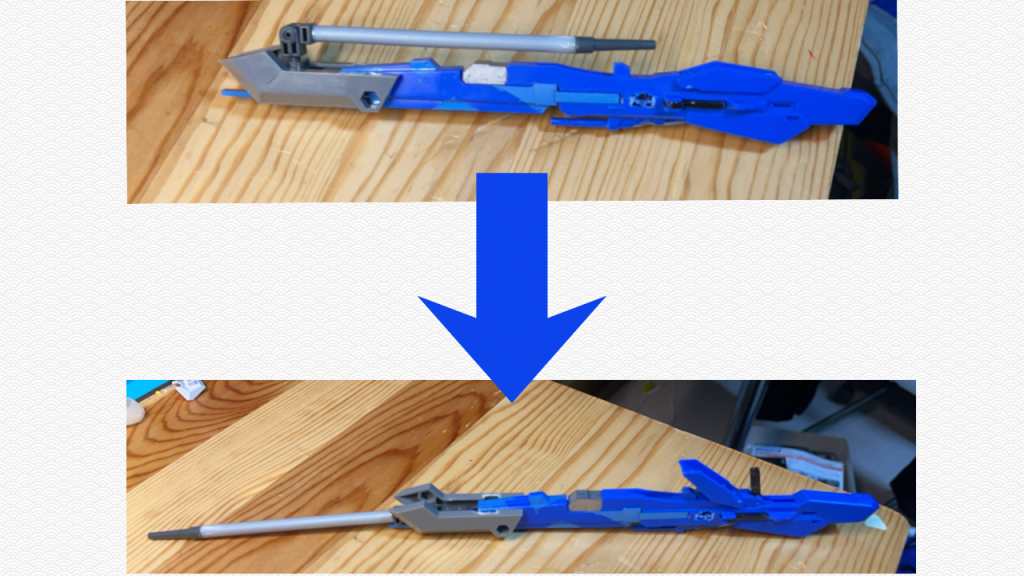 まずハイパーメガランチャーから改造。プラパーツとプラパイプ、スケモなどのパーツを貼り付けて制作完了。