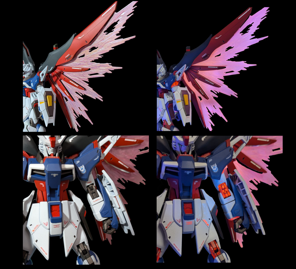 光の翼にはトランザムホロレッド、その上から薄く薄くルミノペイントを塗り重ねグラデ どっちも取り入れたかった欲張りセット各関節も赤熱感があって思いのほか上手くできましたまあこの塗料、扱いがとても難しかったけど。。。