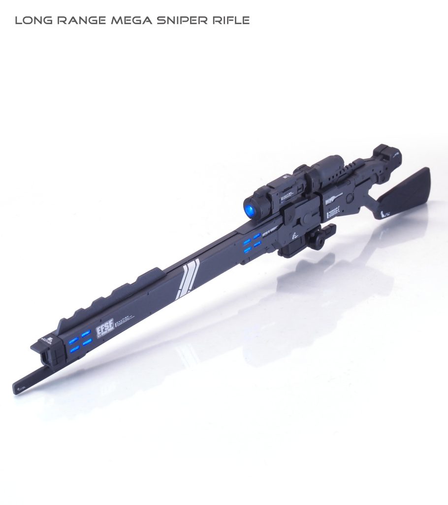 メインアームのスナイパーライフル。ほぼ30MMパーツでストック部分はキットのものを使用し、どうにか整合性をもたせました。30MMはハイディテールでカッコイイパーツが多いのでとても便利。スコープのレンズ部分は蛍光塗料を塗った上にUVレジンを重ねています。