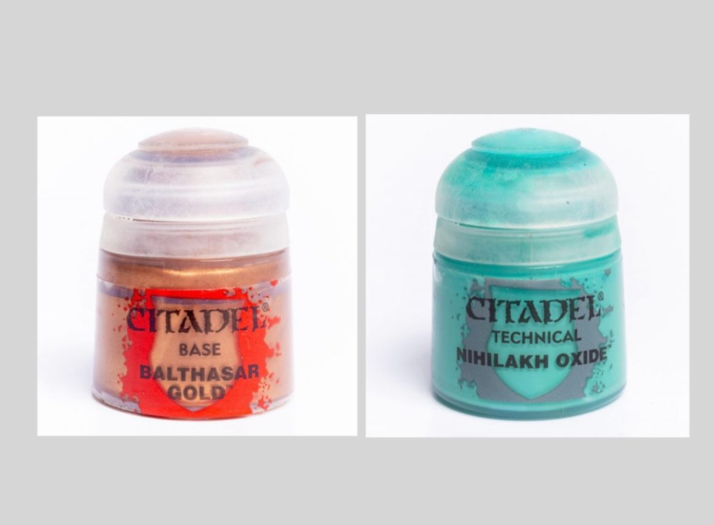 制作に関してですが、銅像風の塗装はネットで調べた方法で塗っています。塗料はシタデルカラーで、バルタザールゴールドとニヒラークオキサイドという2色を使用しています。