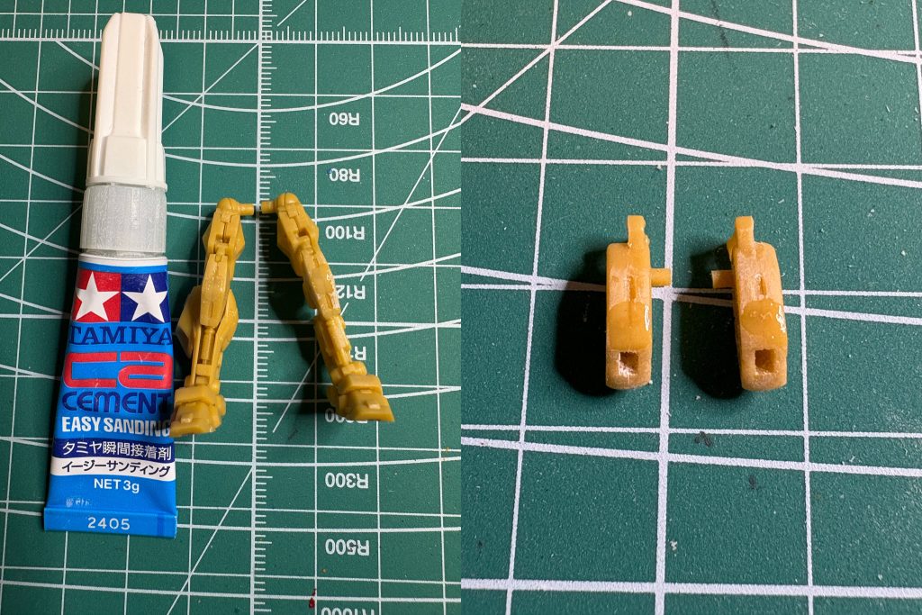 [制作工程]パーツ切り出し後、イージーサンディングで脛部分とバッパクの合わせ目消し。