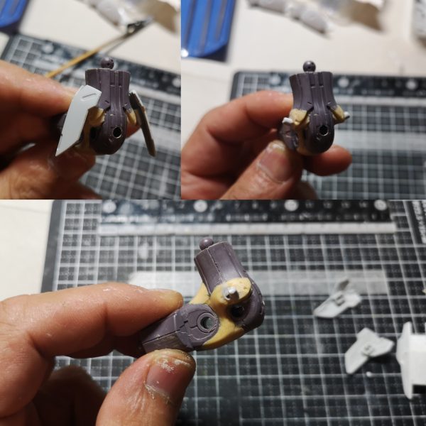 あまりミキシング改造とかしてこなかったのですが、前回の万博さんを作っている時にペタペタと接着してしまって、いざ塗装！！ってなった段階で塗分けメンドクセー( ﾟДﾟ)ってなった反省を活かして、パーツを脱着できるようにしてみました。今回使ったのは、３ｍｍドリル、３ｍｍランナー棒、エポパテ・両面テープ、瞬着、ラッカーパテくらいかな？写真２：フロントアーマー　　・パーツの良い感じの場所にドリルで穴をあける（今回はちょうど良い位置にダボ穴があったので、そこを貫通　　・装着予定場所に両面テープor瞬着などで仮止め　　・パーツに開いた穴からドリルを入れ、本体にも穴をあける　　・パーツ側にランナーさしてダボピン制作　　・写真なし、パーツ表面をパテや瞬着で埋めて、ヤスって終わり写真３：サイドアーマー　　フロントアーマーと同じ方式でも良かったのだけれど、近くにあったパーツ接合部を埋めるのにパテを使ったので一緒に作業　　・写真なし、パーツ裏のダボ穴に良い感じの長さに切った３mmランナーを刺しておく　　・目的の場所にエポパテを盛り付ける　　・パーツに刺してあるランナーをパーツごと目的の場所に刺す　　・パテが固まってからパーツを外せばダボ軸完成d(´･ω･`)ｸﾞｰ!!写真４：どこかのアーマー　　・本体側のダボ穴を使用。一度、穴を貫通させる　　・パーツを本体に仮止めして、本体側からパーツに穴をあける　　・仮止めしてあるまま、パーツと本体をランナー棒で突き刺す　　・パーツ側に接着剤を流し、ランナーを接着（この時、本体まで接着剤が流れてしまうと外れなくなるので注意）　　・パーツ裏側は瞬着盛って、ダボの取付を補強。表面はパテ盛って削れば作業終了です。塗分けの必要がない場所、簡単な場所は接着しちゃいますが、塗装直前くらいまでは両面テープで仮止めして作業です思い付きで部品の配置が変わりますからね～（3枚目）