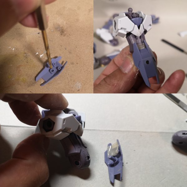 あまりミキシング改造とかしてこなかったのですが、前回の万博さんを作っている時にペタペタと接着してしまって、いざ塗装！！ってなった段階で塗分けメンドクセー( ﾟДﾟ)ってなった反省を活かして、パーツを脱着できるようにしてみました。今回使ったのは、３ｍｍドリル、３ｍｍランナー棒、エポパテ・両面テープ、瞬着、ラッカーパテくらいかな？写真２：フロントアーマー　　・パーツの良い感じの場所にドリルで穴をあける（今回はちょうど良い位置にダボ穴があったので、そこを貫通　　・装着予定場所に両面テープor瞬着などで仮止め　　・パーツに開いた穴からドリルを入れ、本体にも穴をあける　　・パーツ側にランナーさしてダボピン制作　　・写真なし、パーツ表面をパテや瞬着で埋めて、ヤスって終わり写真３：サイドアーマー　　フロントアーマーと同じ方式でも良かったのだけれど、近くにあったパーツ接合部を埋めるのにパテを使ったので一緒に作業　　・写真なし、パーツ裏のダボ穴に良い感じの長さに切った３mmランナーを刺しておく　　・目的の場所にエポパテを盛り付ける　　・パーツに刺してあるランナーをパーツごと目的の場所に刺す　　・パテが固まってからパーツを外せばダボ軸完成d(´･ω･`)ｸﾞｰ!!写真４：どこかのアーマー　　・本体側のダボ穴を使用。一度、穴を貫通させる　　・パーツを本体に仮止めして、本体側からパーツに穴をあける　　・仮止めしてあるまま、パーツと本体をランナー棒で突き刺す　　・パーツ側に接着剤を流し、ランナーを接着（この時、本体まで接着剤が流れてしまうと外れなくなるので注意）　　・パーツ裏側は瞬着盛って、ダボの取付を補強。表面はパテ盛って削れば作業終了です。塗分けの必要がない場所、簡単な場所は接着しちゃいますが、塗装直前くらいまでは両面テープで仮止めして作業です思い付きで部品の配置が変わりますからね～（2枚目）