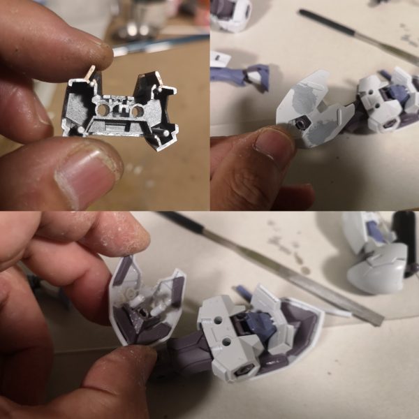 あまりミキシング改造とかしてこなかったのですが、前回の万博さんを作っている時にペタペタと接着してしまって、いざ塗装！！ってなった段階で塗分けメンドクセー( ﾟДﾟ)ってなった反省を活かして、パーツを脱着できるようにしてみました。今回使ったのは、３ｍｍドリル、３ｍｍランナー棒、エポパテ・両面テープ、瞬着、ラッカーパテくらいかな？写真２：フロントアーマー　　・パーツの良い感じの場所にドリルで穴をあける（今回はちょうど良い位置にダボ穴があったので、そこを貫通　　・装着予定場所に両面テープor瞬着などで仮止め　　・パーツに開いた穴からドリルを入れ、本体にも穴をあける　　・パーツ側にランナーさしてダボピン制作　　・写真なし、パーツ表面をパテや瞬着で埋めて、ヤスって終わり写真３：サイドアーマー　　フロントアーマーと同じ方式でも良かったのだけれど、近くにあったパーツ接合部を埋めるのにパテを使ったので一緒に作業　　・写真なし、パーツ裏のダボ穴に良い感じの長さに切った３mmランナーを刺しておく　　・目的の場所にエポパテを盛り付ける　　・パーツに刺してあるランナーをパーツごと目的の場所に刺す　　・パテが固まってからパーツを外せばダボ軸完成d(´･ω･`)ｸﾞｰ!!写真４：どこかのアーマー　　・本体側のダボ穴を使用。一度、穴を貫通させる　　・パーツを本体に仮止めして、本体側からパーツに穴をあける　　・仮止めしてあるまま、パーツと本体をランナー棒で突き刺す　　・パーツ側に接着剤を流し、ランナーを接着（この時、本体まで接着剤が流れてしまうと外れなくなるので注意）　　・パーツ裏側は瞬着盛って、ダボの取付を補強。表面はパテ盛って削れば作業終了です。塗分けの必要がない場所、簡単な場所は接着しちゃいますが、塗装直前くらいまでは両面テープで仮止めして作業です思い付きで部品の配置が変わりますからね～（4枚目）