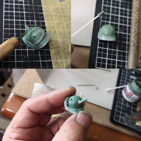 以前、GQザクの塗分けライン同塗分ける？という投稿に付属のシールでマスキングすれば？などと発言したので、責任をもって検証ししました。結果、普通にマスキングテープを細切りにした方がラクだな。との結論に至りました。途中、シールをトレースしてマステを切ったら？とも思ったのですが、曲面がきれいにカットできませんでした。成形色は緑が3種類。シールにあるのはおそらく中間の色。塗分けはラインが入りそうな所に白or黄色を塗っておく、肩のグリーンも。細切り（今回は１ｍｍ）のマステを貼っていく。曲線は自分の直感を信じて・・・スパイクアーマーは１か所一体成型になっているので、一旦切り離す。裏に肉抜きがあるので、そこをガイドに１㎜プラ棒で軸を作る。微妙に角度がついているので最終接着時に注意。マスキングが円形になりますが、黄色いラインの小径ｒが約8ｍｍ、ダイソーのサークルカッターで切れました（メモリが当てにならないので、手持ちのスケールで合わせた方が良い）。ラインの太さのお好みで大径を決めればよいかと思います。肩と腕の黄色いラインは一段下がっているので、最後あとから塗って、はみ出した部分をふき取るか、２段階にマスキングすればどうにかなりそうです。あとはマーキング類ですが、背中の２か所文字らしきものは、なんて書いてあるか解らないので、それっぽいヤツを貼ればヨシっ！！ジオンマークは若干サイズが違いますがガンダムデカールのジオンMS用③が赤白黄灰色の４色で大中小とあるのでそのへんかな？問題は盾の正面にある撃墜マーク？？っぽいのとジオンマークの下の「MAY VICTORY BE WITH US」の文字ですね最後に参考程度に手持ちのガンダムカラーのグリーン系（ラッカーと水性が混じっておりますが）左からラッカーのMSグリーン、MSディープグリーン、水性のﾌﾞﾗｽﾄｲﾝﾊﾟﾙｽｸﾞﾘｰﾝ、←たすブラックです。ん～どうでしょう、長くなりましたが参考になりますかね？（5枚目）