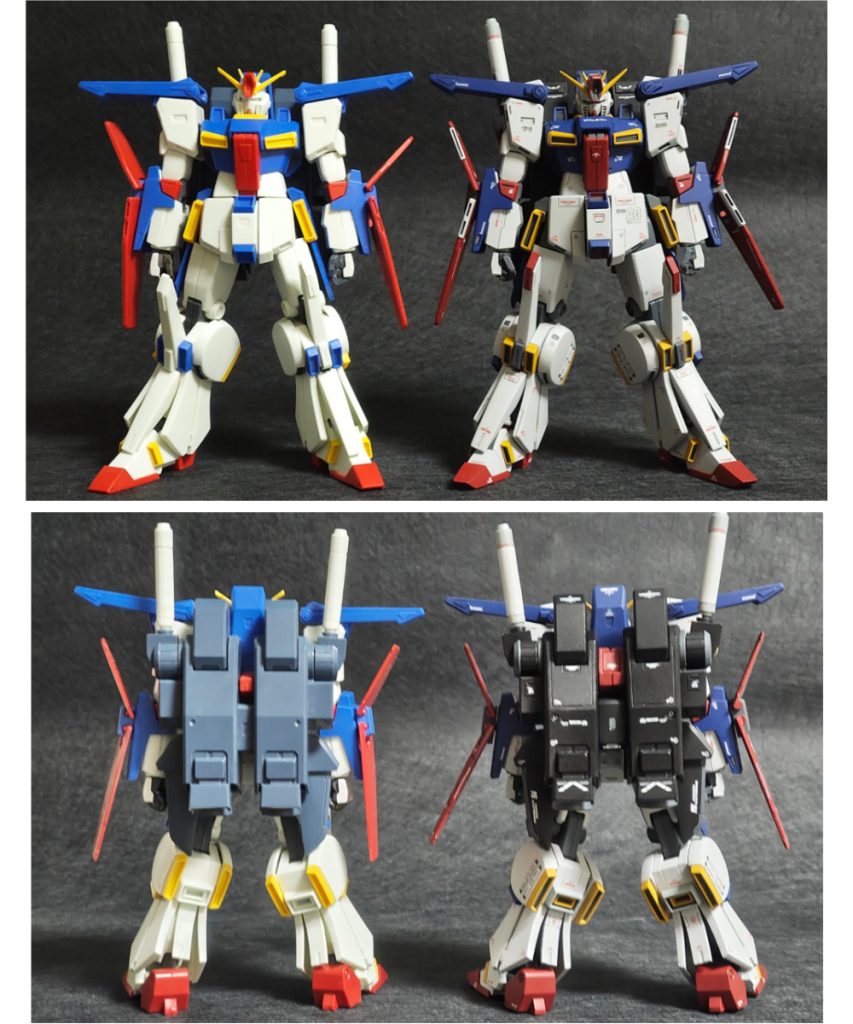 ▲ノーマルと比較(正面、背面)下半身のボリュームUP、バックパックの接続軸(赤いパーツ)を幅増しのための横幅UP