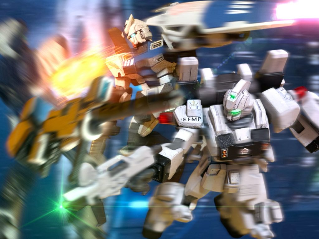 『何……何です！？』　ヘント機とすれ違いながら、ミヤギはジム・スナイパーⅡの脚部をビームサーベルで切り裂き、無力化する。『もしかして、プロポーズのつもりですか、それ！？』「そうだ！」ヘントも、ミヤギ機の背後に迫ったジムにライフルを放つ。ヘントの腕では、殺さずに無力化はできない。威嚇程度だが、敵機が離れたところをミヤギが切り裂き、無力化する。