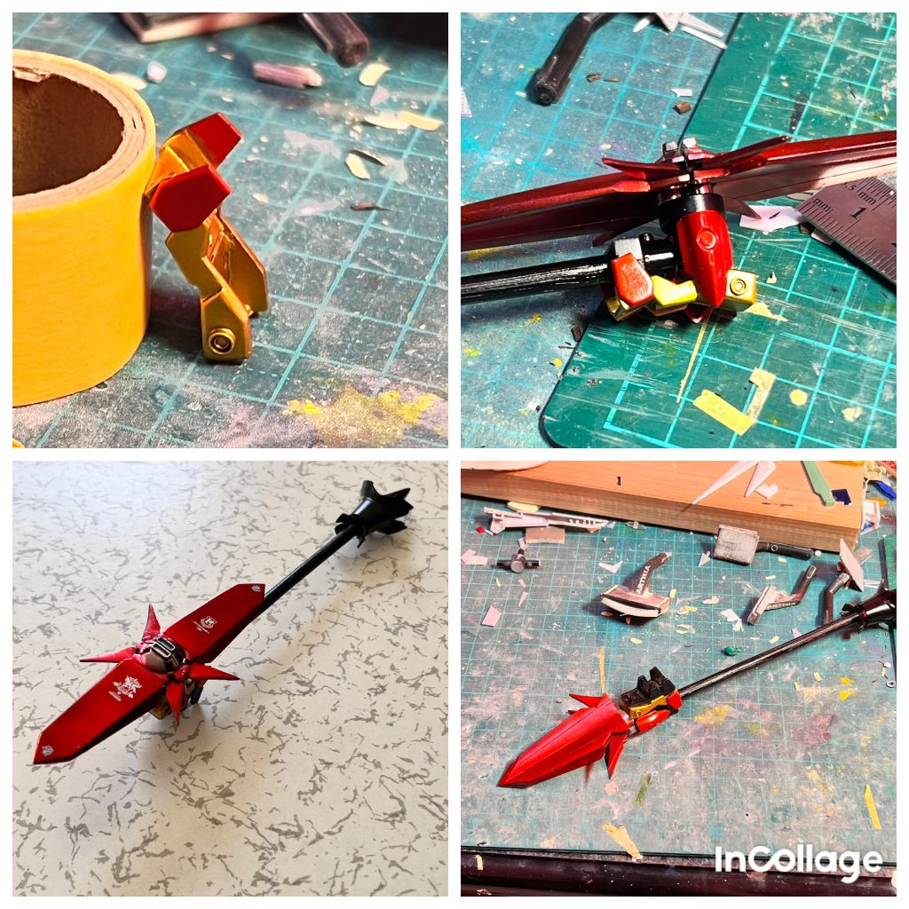 棒を固定するバイザーはスクラッチしました。凄い成金カラーですね😅オキツノカガミは組み換えで盾形態と槍形態に変形できます。