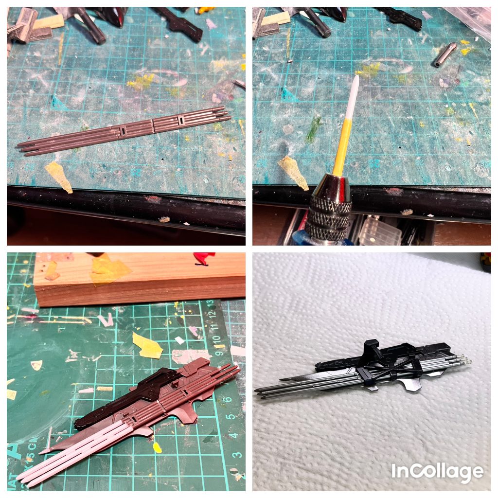 トリケロス改はランサーダートが3本くっついていてカッコ悪いので、プラ棒を尖らせて自作した物と付け替えました。ランサーダートの尻部分にはメタルパーツも付け加えています。 