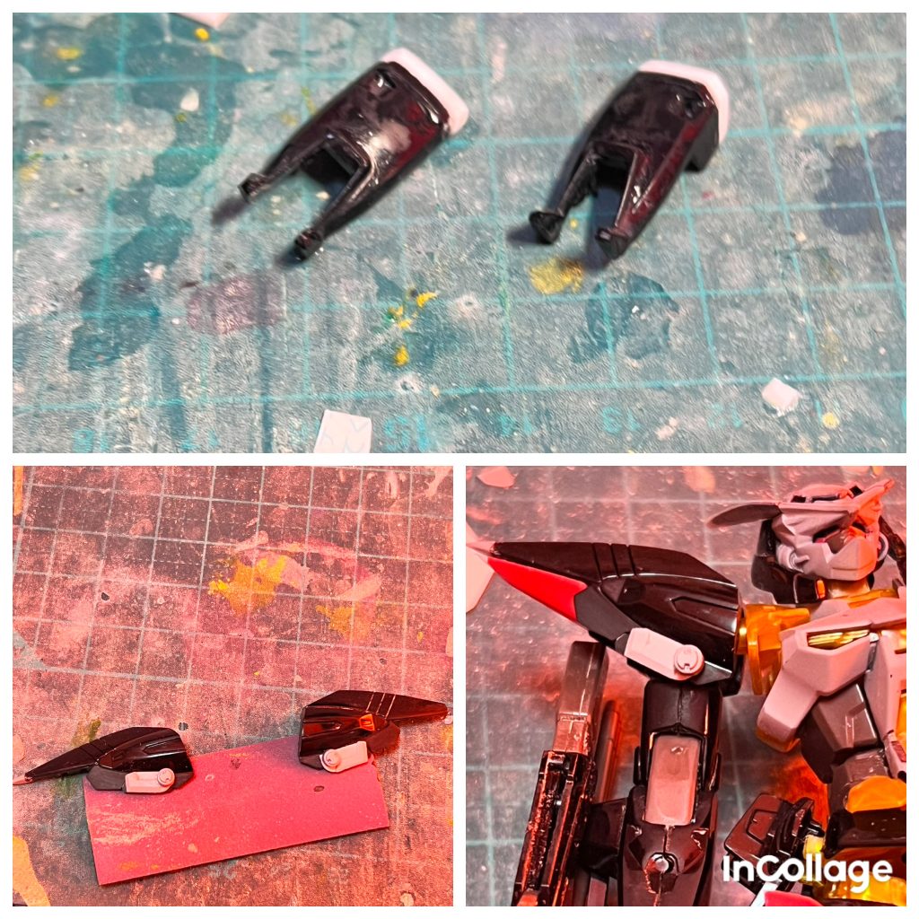 設定画より短く見えた太ももアーマーの上部分も延長しました。可動範囲は狭まりましたが、装甲は大きな方が牙狼みたいで自分の好みです。ブリッツの肩はメタルビルドのディティールを真似して、パーツをスクラッチして加えました。