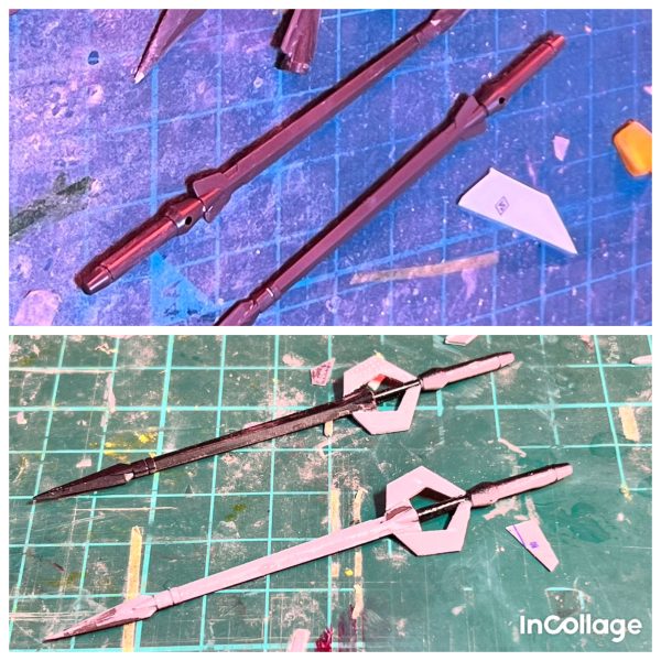 製作中のHG天ミナの進捗状況です。写真一枚目 本体の一部パーツは神ヤスリとタミヤコンパウンドで研ぎ出ししました。写真では上手く写りませんが、良い感じにテカってます☺️二枚目 トツカノツルギをRGやメタルビルド風に形状を盛りました。三枚目 Xのハモニカ砲をベースにオキツノカガミを作りました。ディティールが足りないのはデカールで誤魔化します😅四枚目 オキツノカガミを固定する龍騎のドラグバイザーの様なパーツをスクラッチしました。今回は以上になります!見ていただきありがとうございました🙇♂️(2枚目)