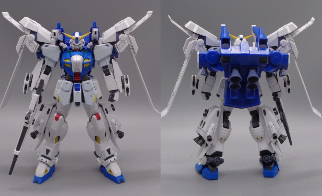 ミッションパックV’(ブイダッシュ)F91のヴェスバーは背面から両脇に掛けて備えられたレールに懸架する形で実装されたが、UC0123のクロスボーンバンガードとの戦闘において照準のズレや衝突による脱落などの問題が見受けられた。本ミッションパックではバックパックとヴェスバーを一体化したユニットとすることで、上記の問題を解消している。この配置はヴェスバー装着型G-キャノンの試験で重心が上に偏るとされたが、バックパック内にジェネレータを2基配置し、出力の向上とともにカウンターウェイトとすることでバランスを取っている。増加した重量によって低下した機動性はメイン4基、サブ2基のスラスターに加え、脚部にDタイプのブーストモーターパック、腰部にJタイプのサブスラスターを搭載することで補っている。