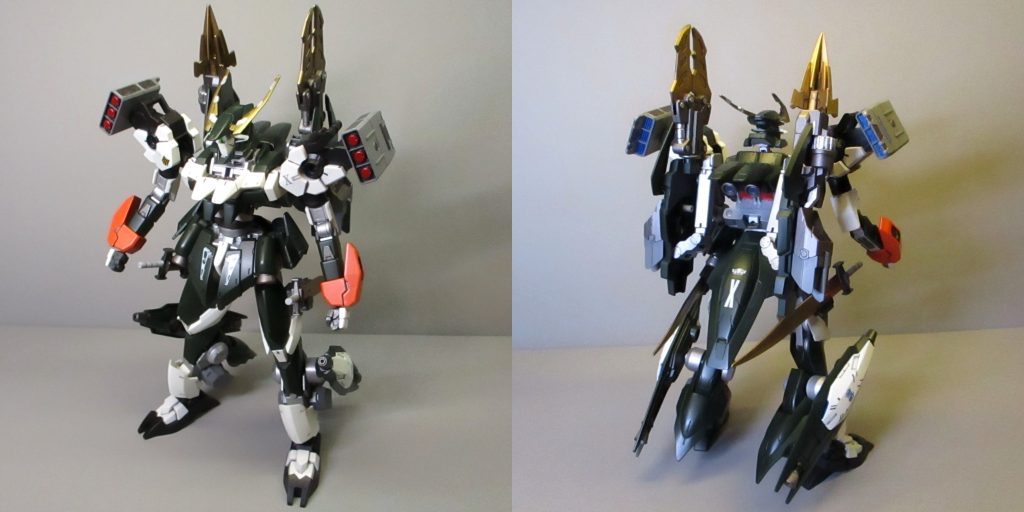 全体図です。元のレギンレイズジュリアに比べて足は通常の形状にした分短くなりましたが、その他は全体的にボリュームアップしてます。原形機の色が好きなので、暗緑色＋白のツートンはそのままに、ちょこっと色を足す感じで塗りました。袖のオレンジは、ここまで緑にするとなんか寂しいなと思って余ってたスプレーでオレンジに塗装。きっと本機を受領したパイロットのパーソナルカラーなんでしょう（適当）。