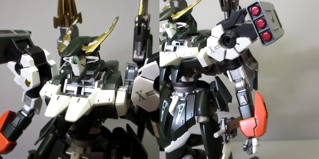 ・頭部上部装甲を持ち上げ、縦に大きくなるように接続部を改造。下部のマスク部分も削って、カメラが露出するようにしました。・胴部レギンレイズジュリア２機分の胴体のフレーム＆装甲を、左右に並べてくっつけました。・腕部肩は境界戦記のオプションパーツ。上腕部は７㎜ほど延長。前腕はレギンレイズフレームを２機分くっつけて、さらにネプテイトユニットの腕を装着して伸ばしました。肩のＸは試作機ということでデカールを貼りました。