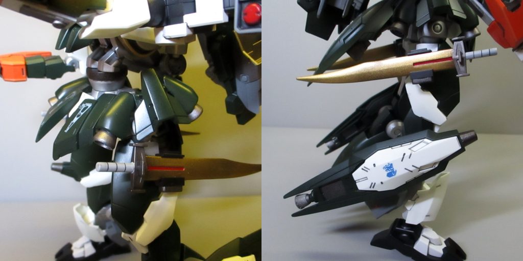 ・腹部レギンレイズフレームの腰部パーツ（多分）を使用して、２機分の胴フレームをまとめてつなぎつつ延長しました。・腰部スカートアーマーは前と側面を分割して、それぞれ可動するように接続。前スカートは２機分を貼り合わせて幅増ししてます。・脚部大型バインダーを接続する箇所を利用して、上側には剣を格納するパーツを接続。下側にはもともと肩についていた小型バインダーを装着しました。