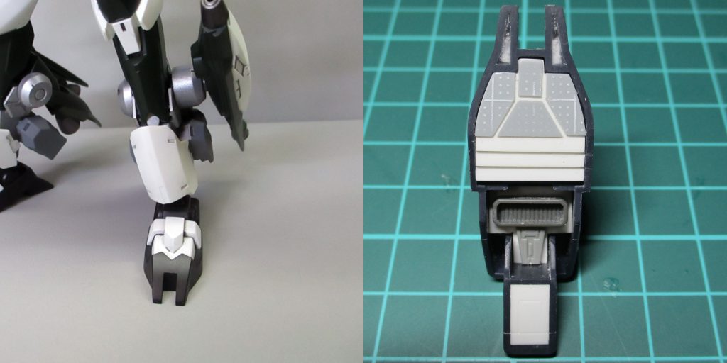 ・足部足はフェイクニューユニットの物に変更し、地上でもそのまま立てるようにしました。アンクルアーマーは元キットのパーツの接続部を改造して装着。足裏の肉抜きがえげつなかったので、プラ板と市販パーツでふさいでます。