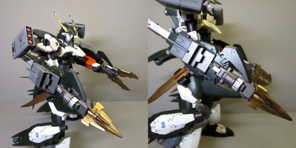 普段は背中に背負ってるドリルシールドブースターを右腕に装着。対ＭＡを想定した高火力装備で、ＭＳ相手でも有効ですが、接近戦で殴り合いを続けるような武器ではないので、左のシザースと組み合わせて使います。キャンペーンの配布武装と、バトルアームアームズのブースターで作成。このブースター、形はかっこいいんだけど、奥のモールド部分どうやって塗り分ければいいんだろう・・・？