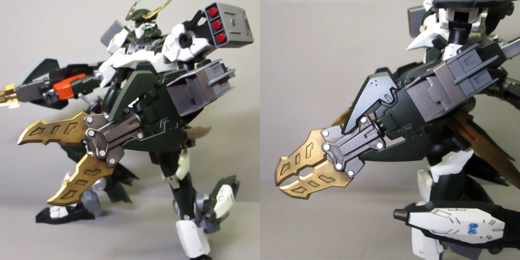 左側はシザースシールドブースター。ハサミとその基部はシールド本体からワイヤー接続で射出可能で、ＭＳをとらえて引き寄せたり、逆にＭＡの末端をつかんで急接近して、右のドリルでぶち抜くのが基本戦法。（事前に焼夷ミサイルで防御力を下げておくとなおよし）こちらもキャンペーンのパーツとアムアムで作成。