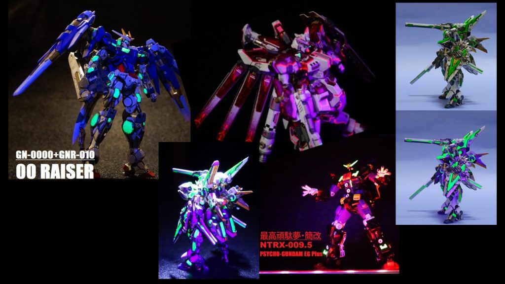 〈ブラックライト電飾〉蛍光塗料にブラックライトの電飾も、楽しすぎて一度やったらやめられなくなりました。電球による電飾とは異なり複雑な線まで光らせてしまえることが楽しすぎます。これまた兵器なんだからそんなに光って目立ったらだめでしよ!って頭ではわかっていますが、簡単に未来感が出せるので、楽しすぎてやめられません。