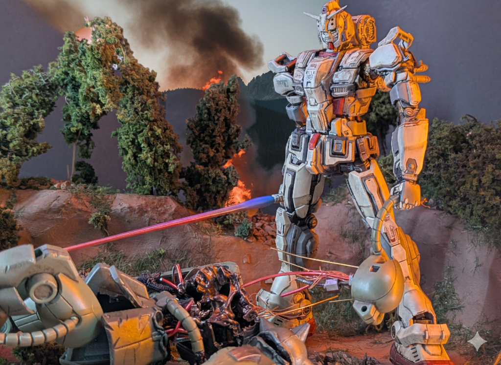 今回のテーマは【悪いガンダム】をイメージしたジオラマなので、少しプレデターのような倒した後も頭部を引きちぎることで演出してみました‼️