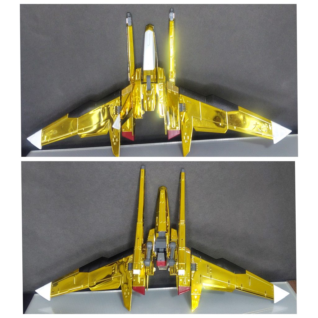 オオワシパックは自律飛行出来る設定です。見つけた時、ビーム砲の取付部(裏のグレーのパーツ)がもぎ取られていたので、真鍮線を使って補修、シリコンスプレーで可動のキツさを緩和しました。