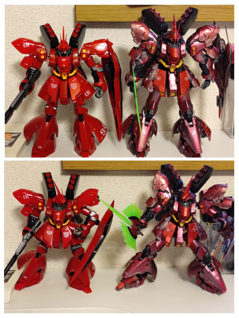 以前作製したHGと。パーツの一つ一つは同じくらいのサイズ感でしたが、組んでみるとRGのが大きいですね。並べて比較すると、コンセプトの違いもハッキリでます。アナタはどちらがお好み？