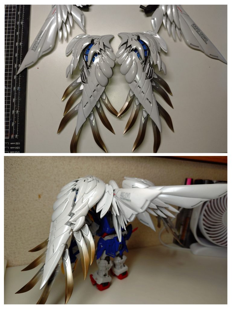 今回も基本的にはパチ組みなんですが、ほんの少しだけ。羽先をシルバーからゴールドに変化をつけてみました。翼本体はパールホワイトです。