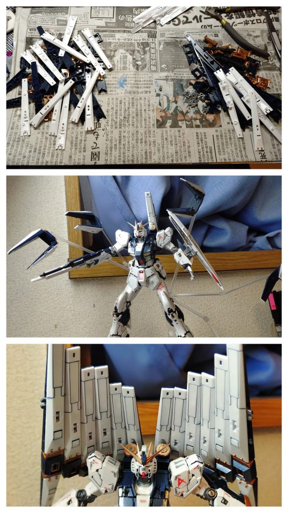 よく確認して無かったけど、ダブルフィンファンネル拡張キットが付属してたので、12本のファンネルを作製。無心でコツコツ同じ作業の繰り返し。νガンダム唯一の苦行。