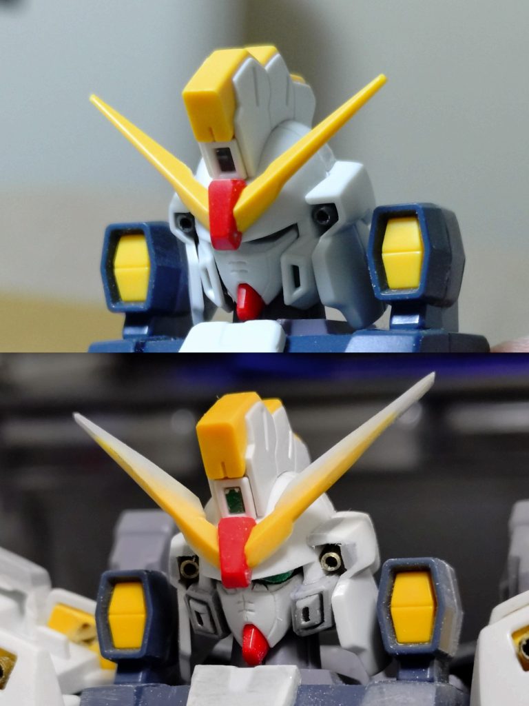 元が縦長のシルエットだったのでアンテナを横軸に延長、側面装甲も2mm程外側に。フェイスパーツは彫り込みとタテ線を追加。ヒサシは丸みを削ってシャープ化。ほほ周りのダクトは全然形状が違ったのでスクラッチ。