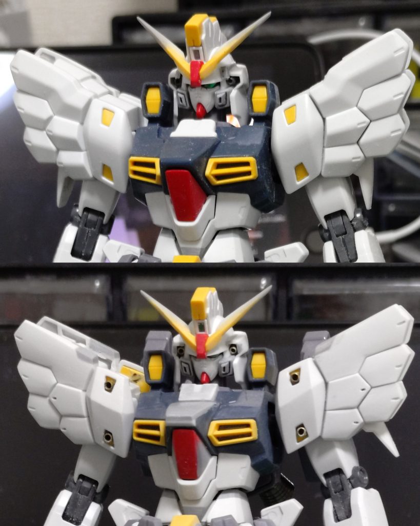 1番こだわったのは肩パーツ。劇中と違いすぎてディテールを削ぎ落とし平面にしつつエッジ出しをしました。写真撮り忘れましたが肩の上面と側面はシンプルなデザインにスクラッチしつつ中にネオジム磁石を仕込んでマントの接続を可能にしてます。胴体は白い襟の部分を形変更し、胸ブロックの上面角度調整、コックピット横幅増ししてます。