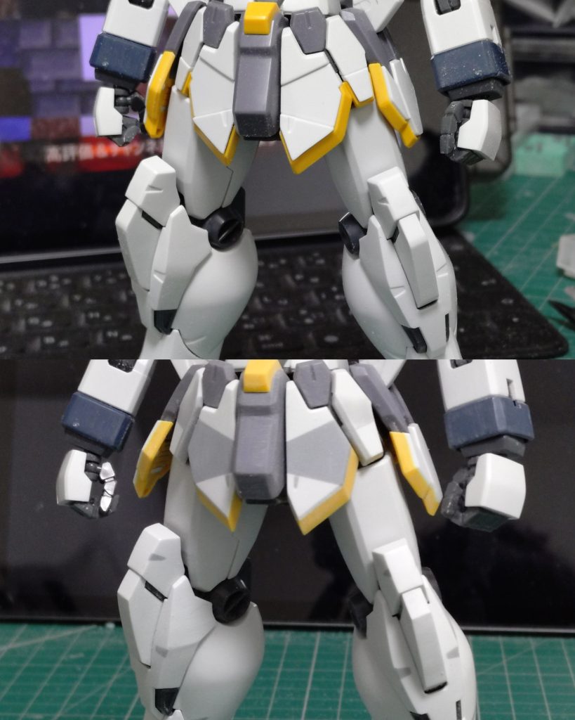 腰周りもディテールを徹底的に消してます。膝、スネも同様に削るとパーツが小さくなるのでプラ板を足して消しています。