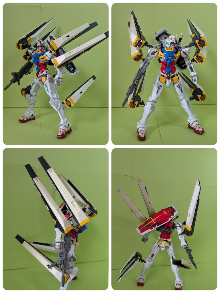 向こう側の白いガンダムはフィンファンネルが装備可能とのこと。正直ハードポイントあるのに連邦が使うIFがないと勿体ないと思った。フィンファンネルはHGUCνガンダムのものをブースター部分に穴を開けました。