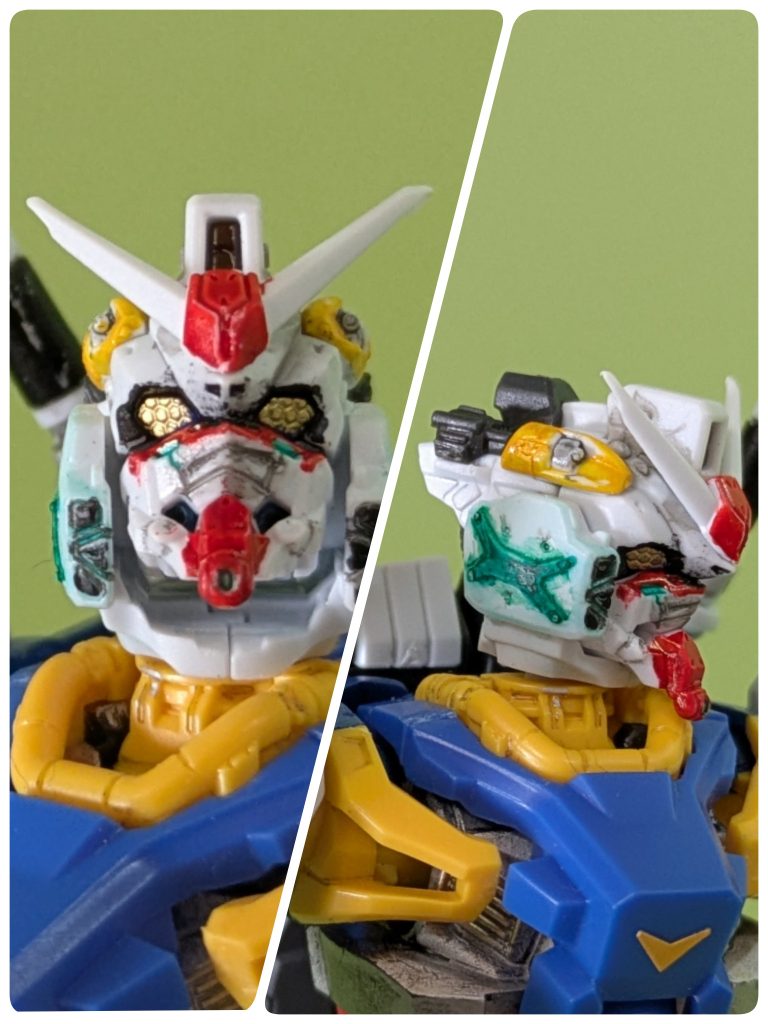 作者が白いガンダムを観た時どこか足りないと思ったら上部のへの字スリットが一本足りないと分かり、スジボリでつけ足してみた。さらにオリジナルRX78にカラーを合わせた結果…めっちゃ人相が悪い。まさに白い悪魔だ。まあ目のハニカム構造が分かりやすくなったからヨシ！（にしてもパーツ細かいなw）