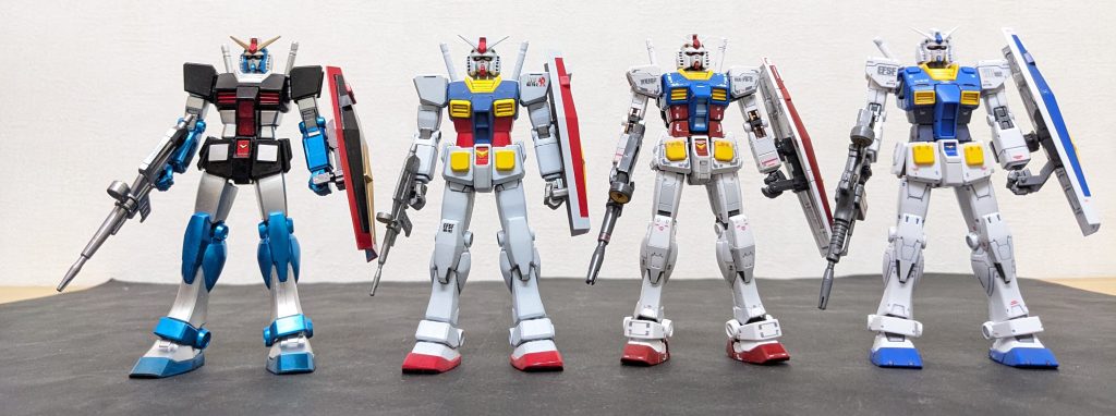 結局、初代ばっか作ってんなぁ〜🤣左からEG、FG、RG、ORIGIN。作りやすさと完成後の満足感から、安心して人様にお勧めできるのは、ORIGINかな❓