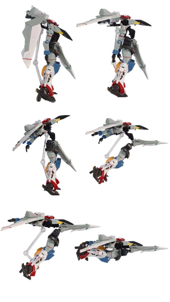 MS形態から戦闘機形態に変形させます。変形方法はだいたいHGギャプランと一緒です。胸部・腰部にHGギャプランのロックがあるのでカチッと止まります。最後に足首をくるっと回していい感じに位置に調整して完成です。