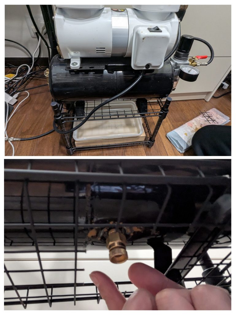 作品名：コンプレッサーのドレン<p>ダイソーのメタルラックもどき、サイズがコンプレッサーにピッタリ😁 少し下面に細工したら、ドレンのバルブにアクセスしやすくなりました(*^O^*)</p>
