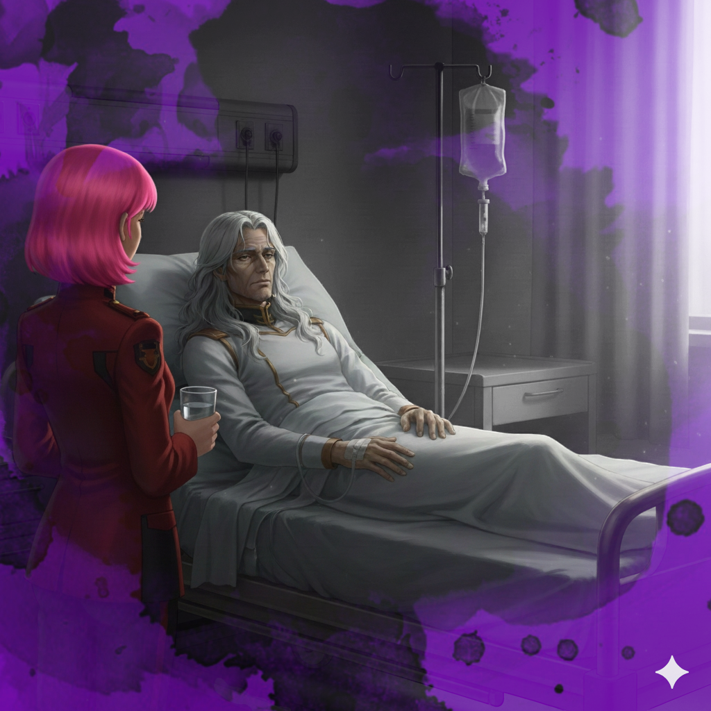 シロッコ「ゴホッ!ゴホッ! 」サラ「 シロッコ様、白湯です。」シロッコ「 スマンな、サラ」サラ「 大丈夫です。シロッコ様、また元気になられます。」シロッコ「もう良いんだよ、自分のことは、自分が良く分かっている。ゴホッ! 」サラ「 ワタシが御守りします。シロッコ様」シロッコ「ぁあ、もう一度、観たいんだ、連れて行ってくれないか? 」サラ「 もう無理はなさらないで下さい、今日はもう2度目ですよ。」シロッコ「すまない、今日で完成するんだ、ワタシの可愛い子が、、、 」サラ「 、 、 、、 、可愛い、、?」 「 分かりました、 、、」キュッキュ、キュッキュ