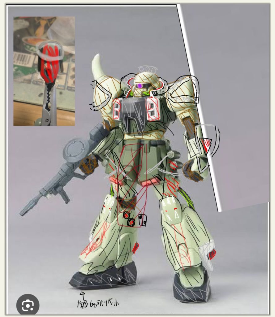 カラーラフ使用塗料カラーレシピブラウン部RLM79サンドイエロー黒　ガイアブラック白アルティメットホワイトシルバー　黒下地シャインシルバー※　ローブのスパイクは白下地にタミヤアルミシルバー　前掛け　ガイアエヴォサフの上にMr.カラー小豆色緑　白下地にガイアカラーエメラルドグリーン