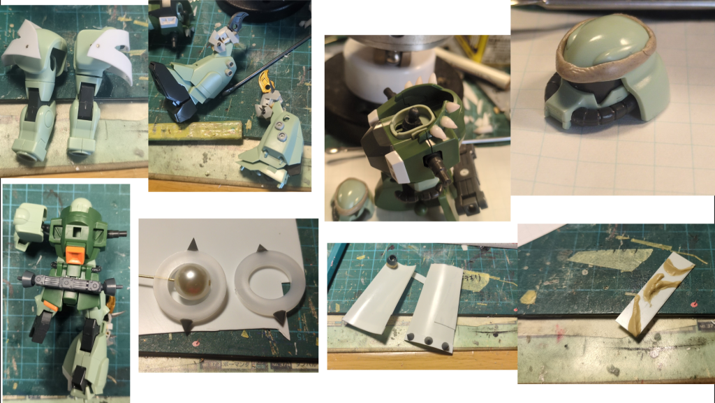 製作過程まとめ使用キット本体HGザクウォーリア謎パーツ　MSGスパイク5mm&nbsp;セリアビーズパール14mmナイロンワッシャー16×28×3.0腕　丸モールドⅢ　5.0mm膝　辟邪の膝　鬼の目　MSGディテールカバーA　鬼の角‥MSGエッジディテール&nbsp;ローブ　0.5mmプラ板　0.3mmプラ板（赤）　MSGスパイク0.5mmMSGジョイントセットBボールジョイントハイパー雪崩式デッドリフトソード→MSGユナイトソードのアックス　元のサイズだとデカすぎるので持ち手を分離して使用　本体との接続にはMSGジョイントセットBのボールジョイント&nbsp;ミラーボールダイソー→たのしいたこ焼きパーティー（たこ焼きのボール）、アクセサリー用チェーンMSG→リボルビングバスターキャノン　持ち手パーツ、ジョイントセットＦ&nbsp;マイクガンタンク初期型背中の排煙ダクトパーツフレキシブルアームA　ジャイアントガトリングの足