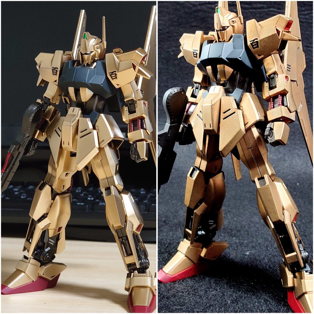 左が完成時2022年、右が現在です。塗料は、クレオスのスーパーリッチゴールドでトップコート無し。触った所から劣化していきます。