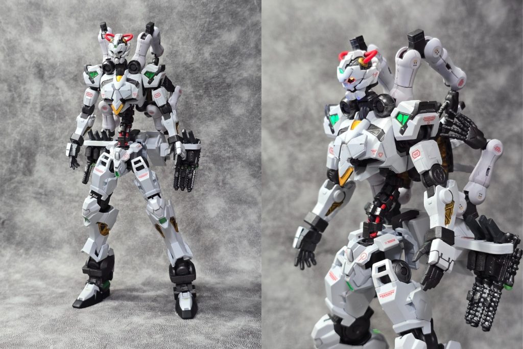 機体名:ガンダムアスラガンダムダンタリオンのデータを元に複数のガンダムフレームを合わせ造られた機体。MS戦は勿論のこと、復活したMAとの戦闘を想定し、ビーム兵器を搭載している。機体名の由来となった六本の腕は並のパイロットでは操れず、阿頼耶識と疑似阿頼耶識を両方を搭載することで何とか操縦できる…という設定です(*´﹃`*)