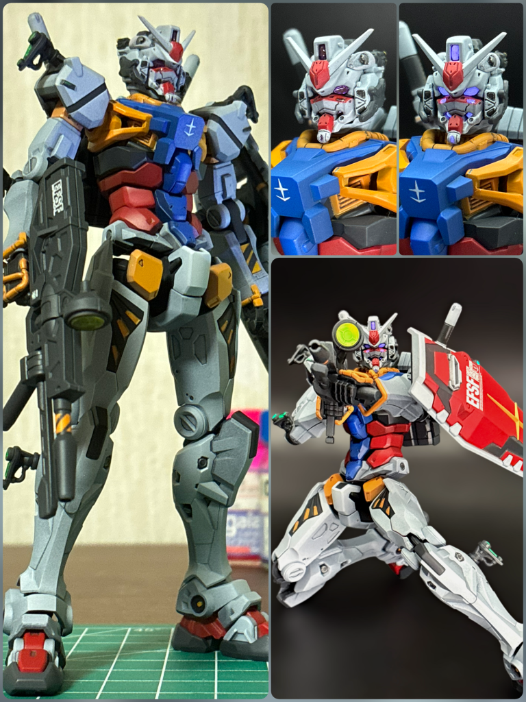 色々頑張りすぎて1投稿に収まらないので一旦ここで区切って、ここからは制作工程です😅ガンダムは最近発売された白いガンダムではなく、赤いガンダムを塗装したものです。真っ白な顔は人相が悪すぎると感じたので、顔のカラーパターンはヒロイックな1stのパターンにアレンジしてみました😃目やセンサー類は蛍光塗料を混ぜたレジンでコート。手足のハードポイントのセンサーや、手首のフレーム等細かい加工を加えました。