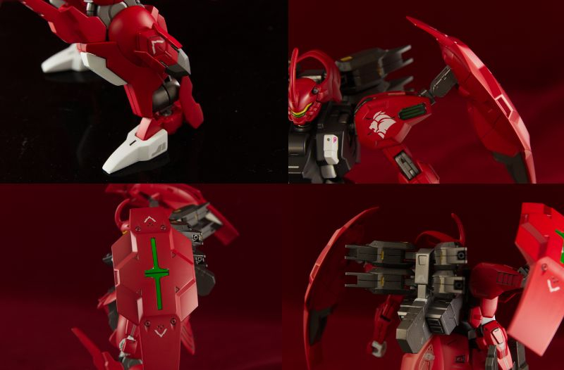 脚には、MGバルバトスの腰パーツを付け、機動力をアップしています。バインダーの可動部は、コトブキヤのパーツを使い可動範囲が広がるようにしています。その他各部は、水星の魔女デカール、ダリルバルデ用を使ったりしています。