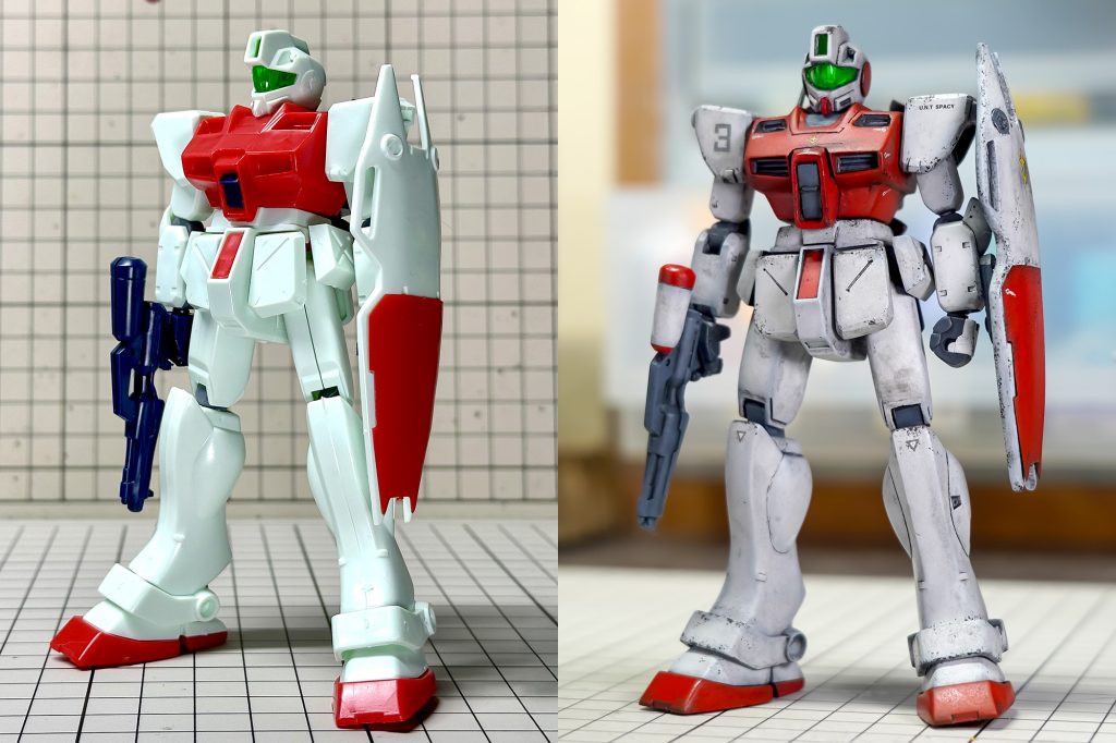 ジム・コマンドも手足と腰を延長。肩とフロントアーマーの形状変更。全身のディテールアップをしています。