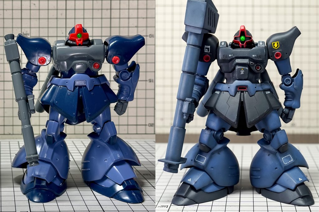 リック・ドムIIの頭部は高さを増して角度を変更。手足は延長と幅増し、肘打ちポーズができるように二重関節に改造。肩は付け位置を変更。胸部は形状変更。全身各所をディテールアップ。バズーカはプラ棒などでスクラッチしました。